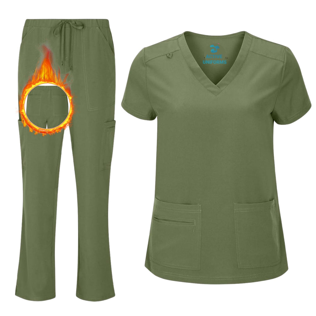 Women's Cool Stretch V-Neck Top and Cargo Pant Scrub Set with Regular and Petite Sizes