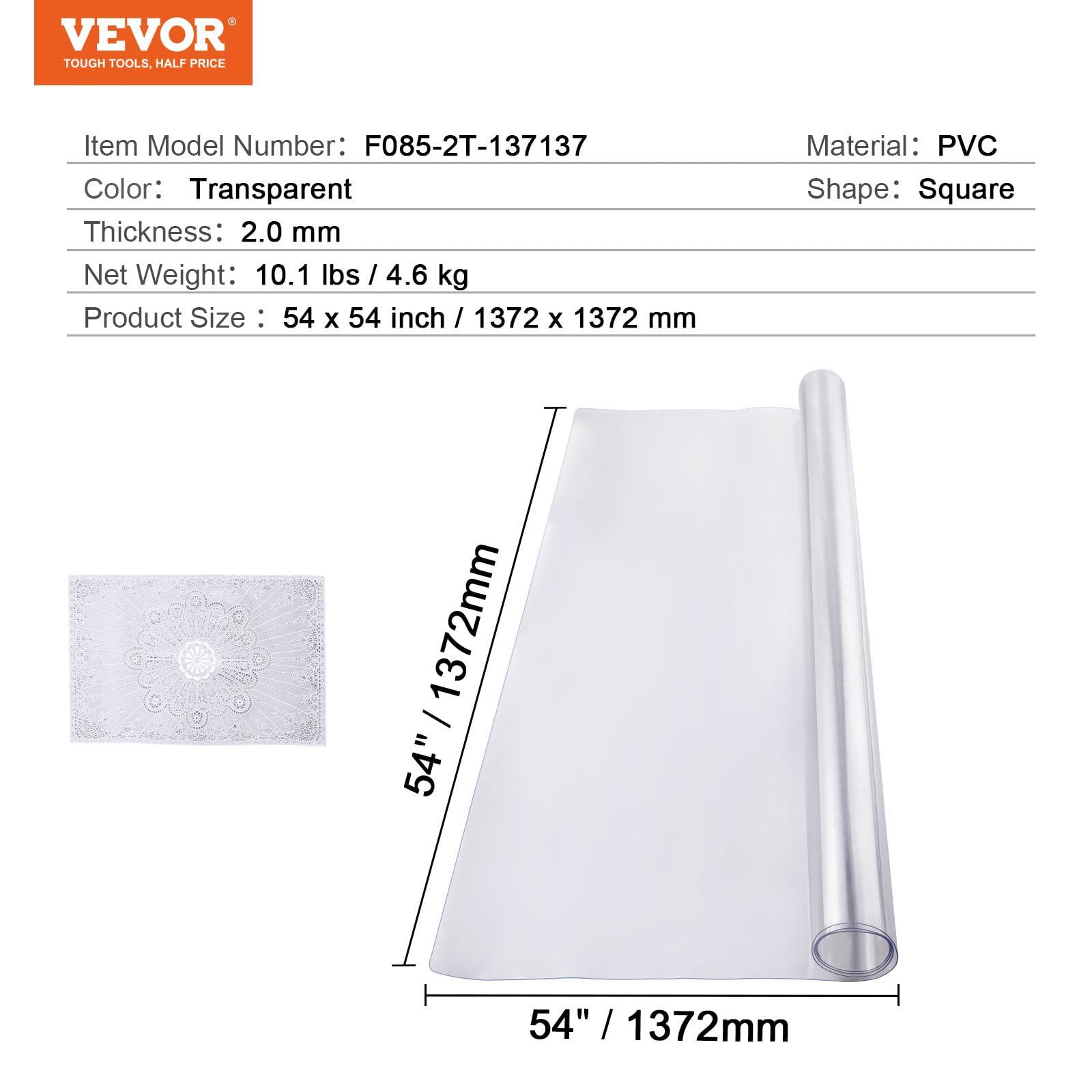 VEVOR Clear PVC Square Tablecloth, 12" x 12", 1.5mm Thick, Waterproof, Stain Resistant, Durable, Desk, Coffee Table, Dining Room Table