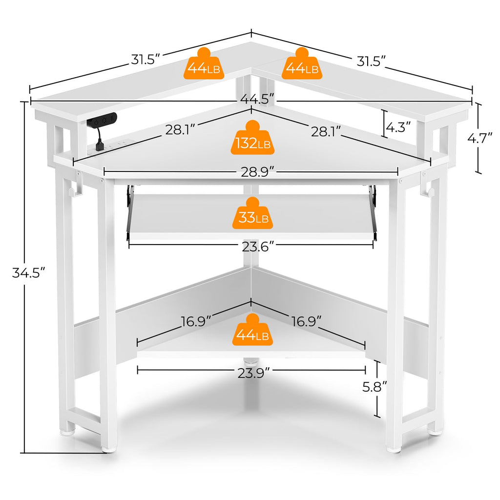 Rolanstar Corner Desk, 44.5" W x 34.5" H Small Computer Desk with Power Outlets, Gaming Desks with LED Lights, Triangle Corner Table with Keyboard Tray & Monitor Stand for Small Space, White
