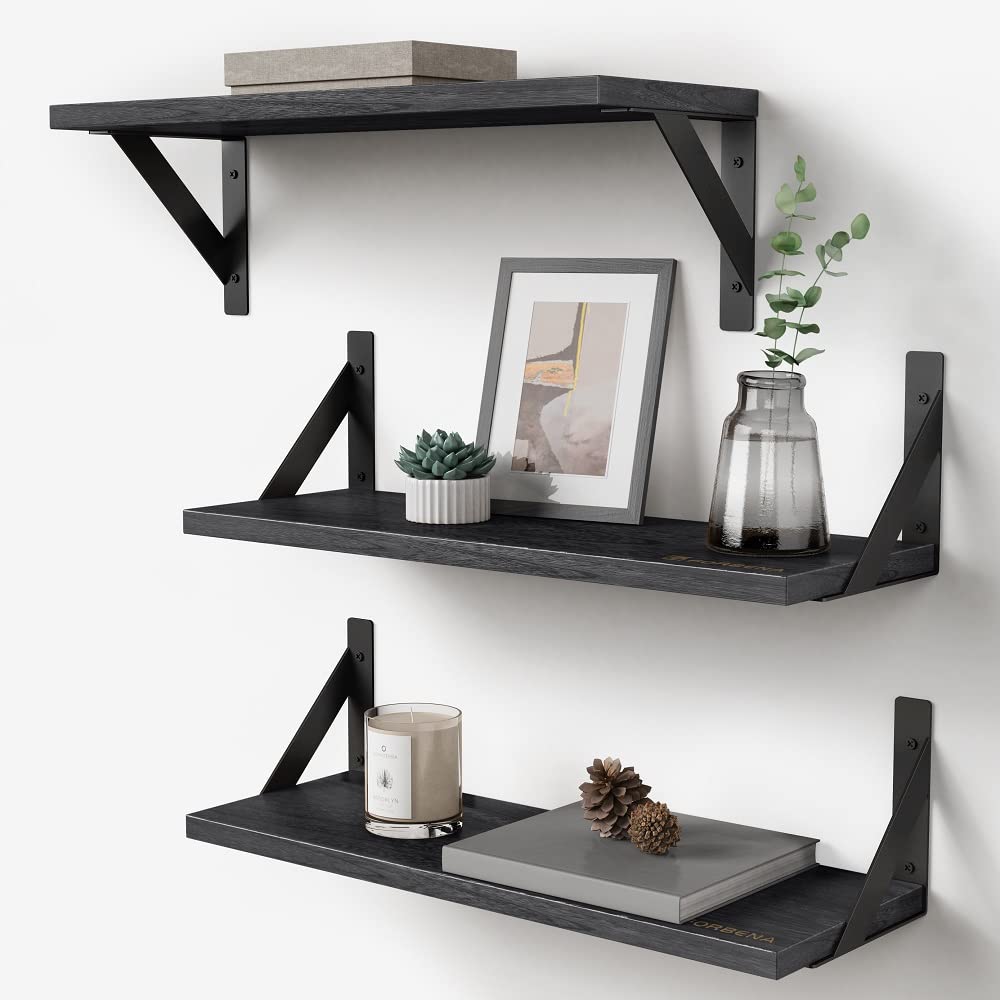 Forbena 12 Inch Deep Floating Shelves for Wall, Wide Black Wall Mounted Shelves for Bedroom Office Books Plants, Large Hanging Shelf for Living Room Bathroom Kitchen Closet Pantry Storage (3-Pack)