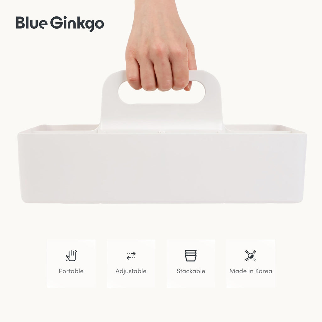 BLUE GINKGO Stackable Organizer Caddy – Korean-Made Portable Tote for Bathroom, Office, Crafts, or School Supplies (Long Rectangle, Blue)