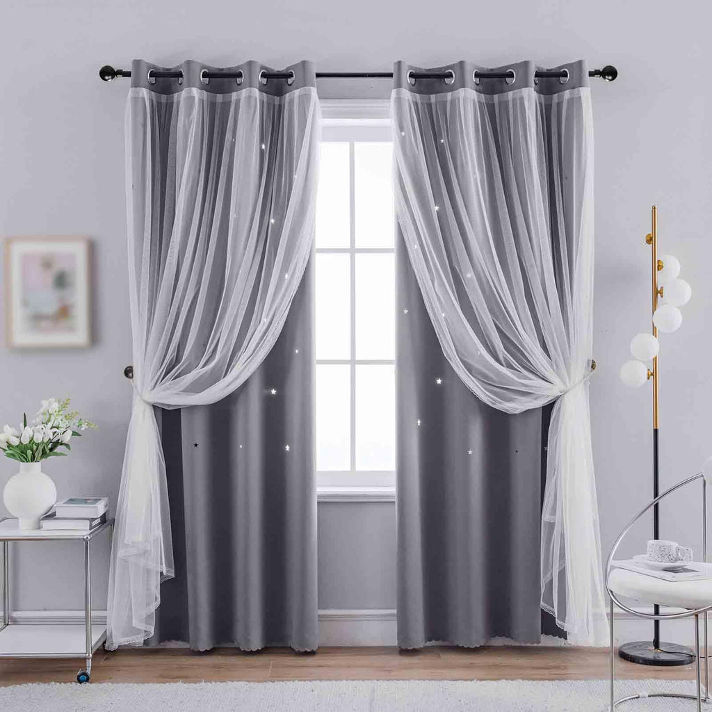 Anytime Star Cut-Out Blackout Curtains for Bedroom 2 Panels,2-Layers Mix Design of Fabric & Tulle,Pretty Pure Color Window Curtain for Kids Room(W35 x L45,LPink)