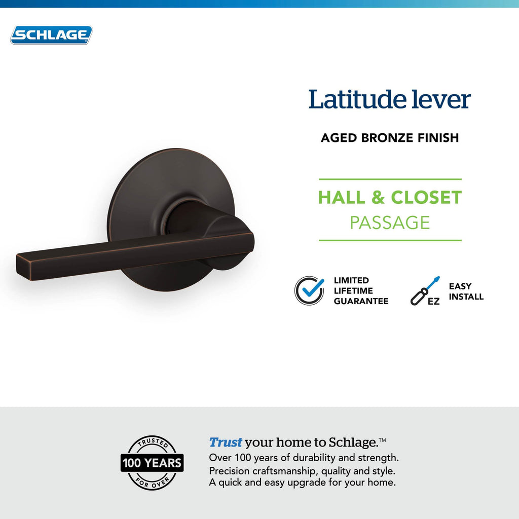 Schlage F10 LAT 716 Latitude Door Lever, Hall & Closet Passage Lock, Aged Bronze