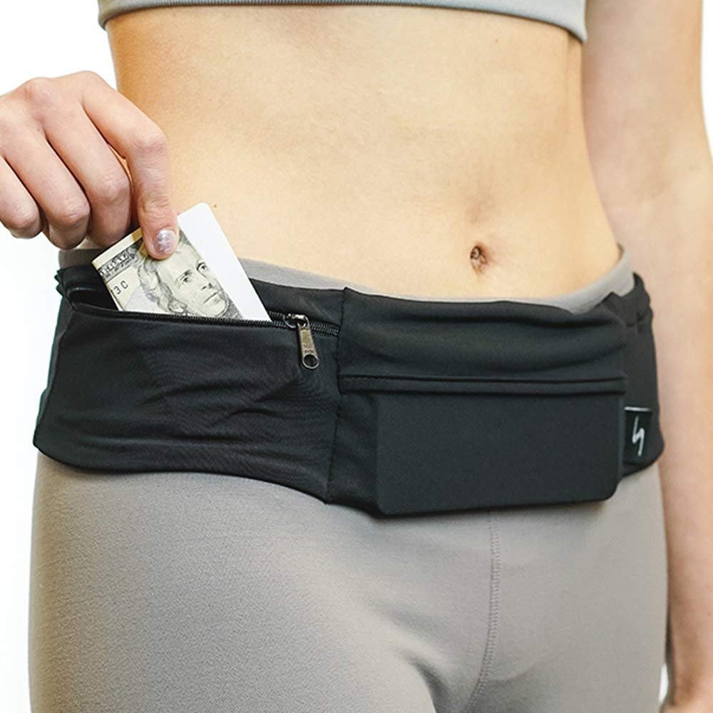 3 Pocket Adjustable Running Belt Waist Pack, Fanny Pack For Working Out With Sweat Resistant Backing, Holds All iPhone Models (Black/Black, X-Small)