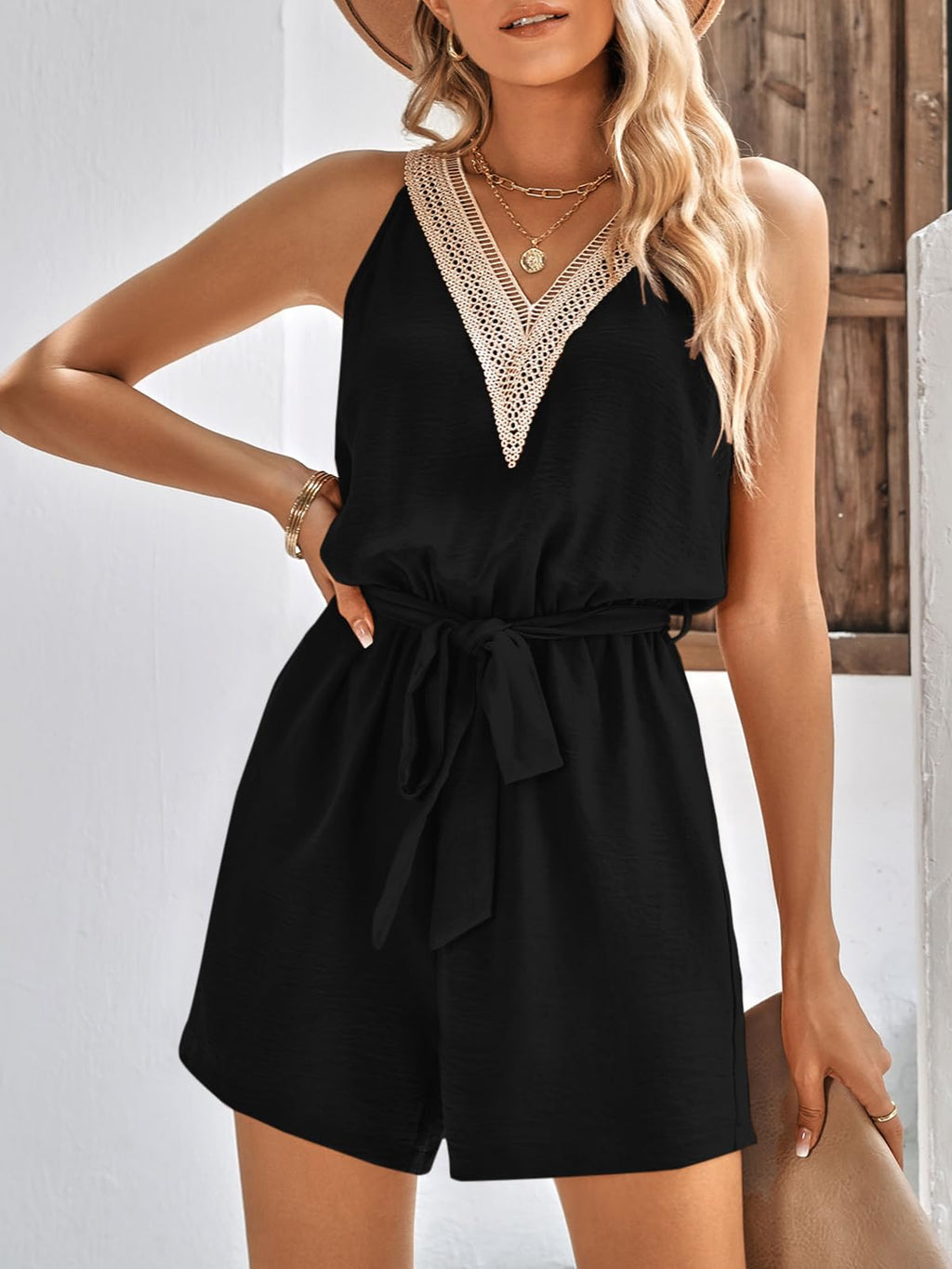 PRETTYGARDEN Rompers For Women Summer Casual Sleeveless V Neck Belted One Piece Outfits Short Overalls Jumpsuit With Pockets