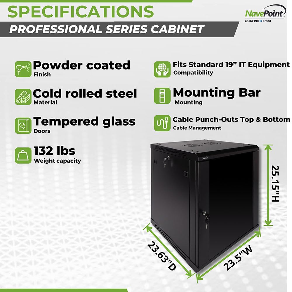 NavePoint 12U Server Rack Enclosure - 23.6” Deep, Wall Mount Network Cabinet with Locking Glass Door for 19” IT Equipment, Network Rack with 2 Fans, Removable Side Panels, Black