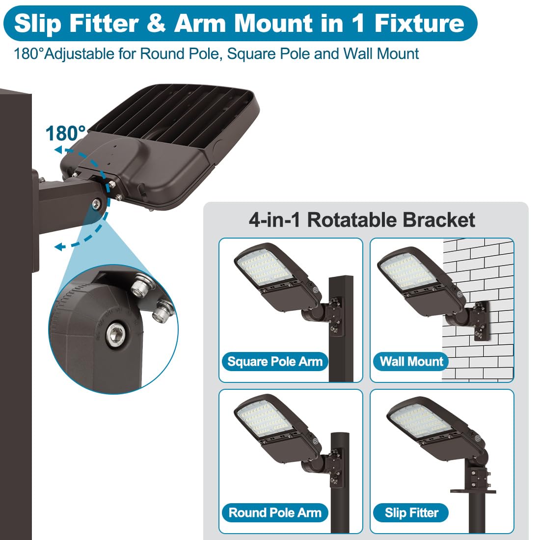 150W LED Parking Lot Light with Photocell, Outdoor Dimmable LED Pole Lights with Slip Fitter & Arm Mount in 1, 22500LM 5000K 100-277V IP65, 150W/100W/80W Power Tunable, ETL