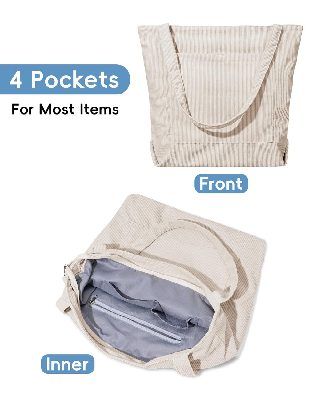 Iioscre Corduroy Tote Bag for Women,Hobo HandBags with Zipper,Large Capacity Casual Shoulder Handbags with Inner Pockets