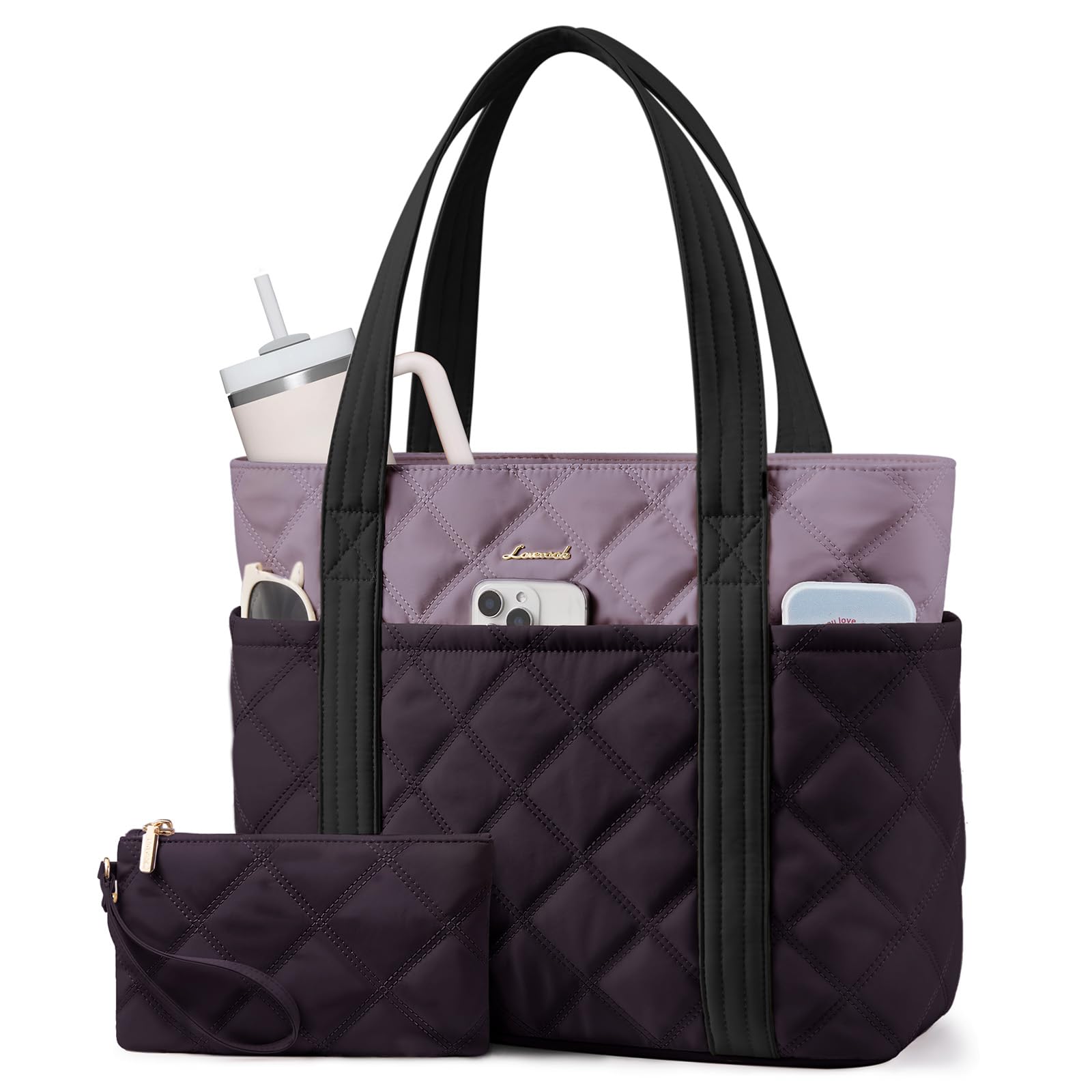 LOVEVOOK Puffer Tote Bag for Women, Puffy Work Handbag with Cup Holder, Travel Carry On Bag with Zipper for Teacher Nurse Gym