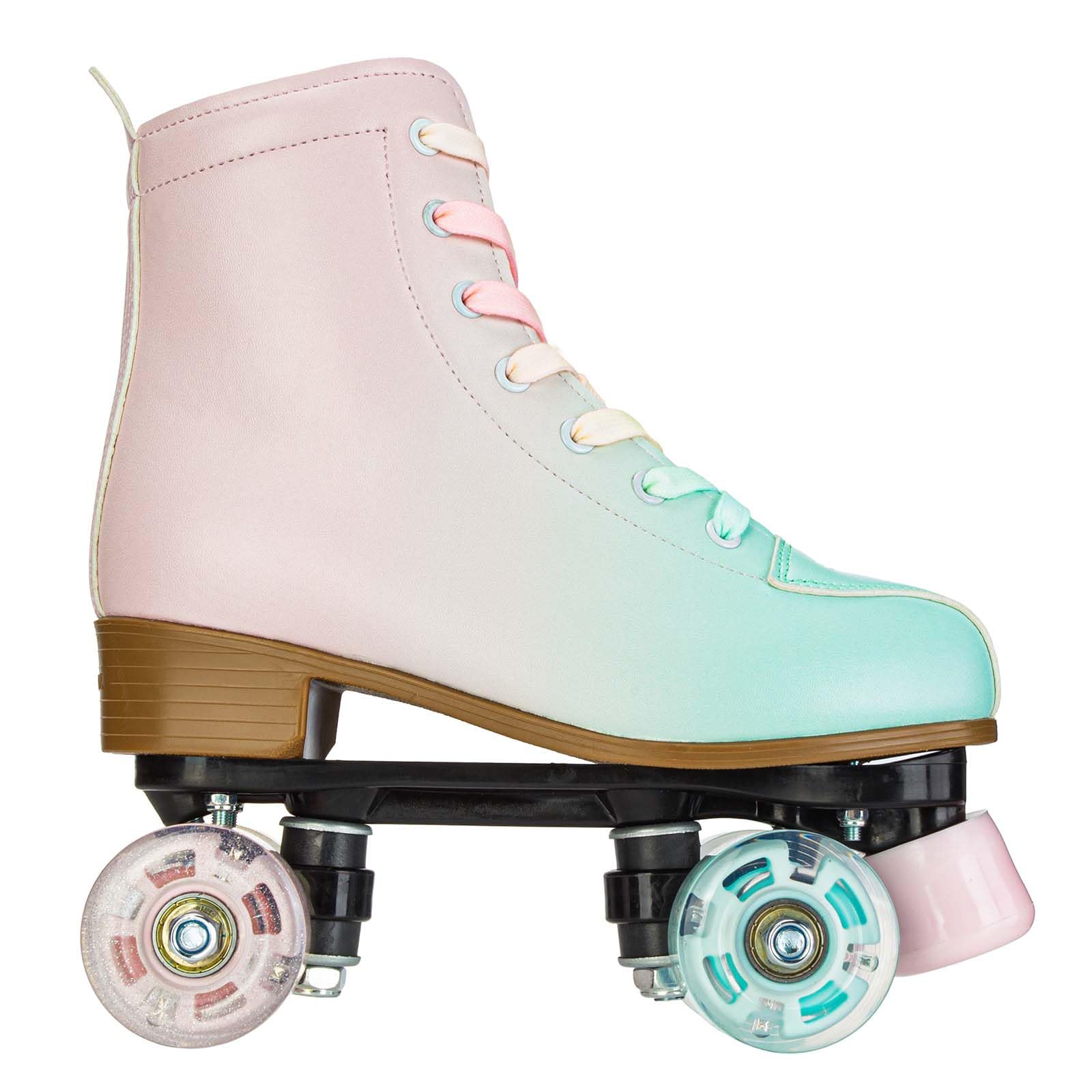 YYW Roller Skates for Girls and Women, Fantastic Gradient Pink and Green PU Leather Light Up Kids Youth Roller Skates, Indoor Outdoor