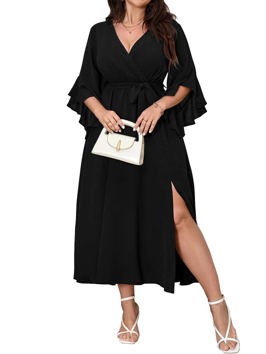 Womens Plus Size Dress Wedding Guest Cocktail Ruffle Half Sleeve Wrap V Neck Slit A Line Maxi Dresses with Belt