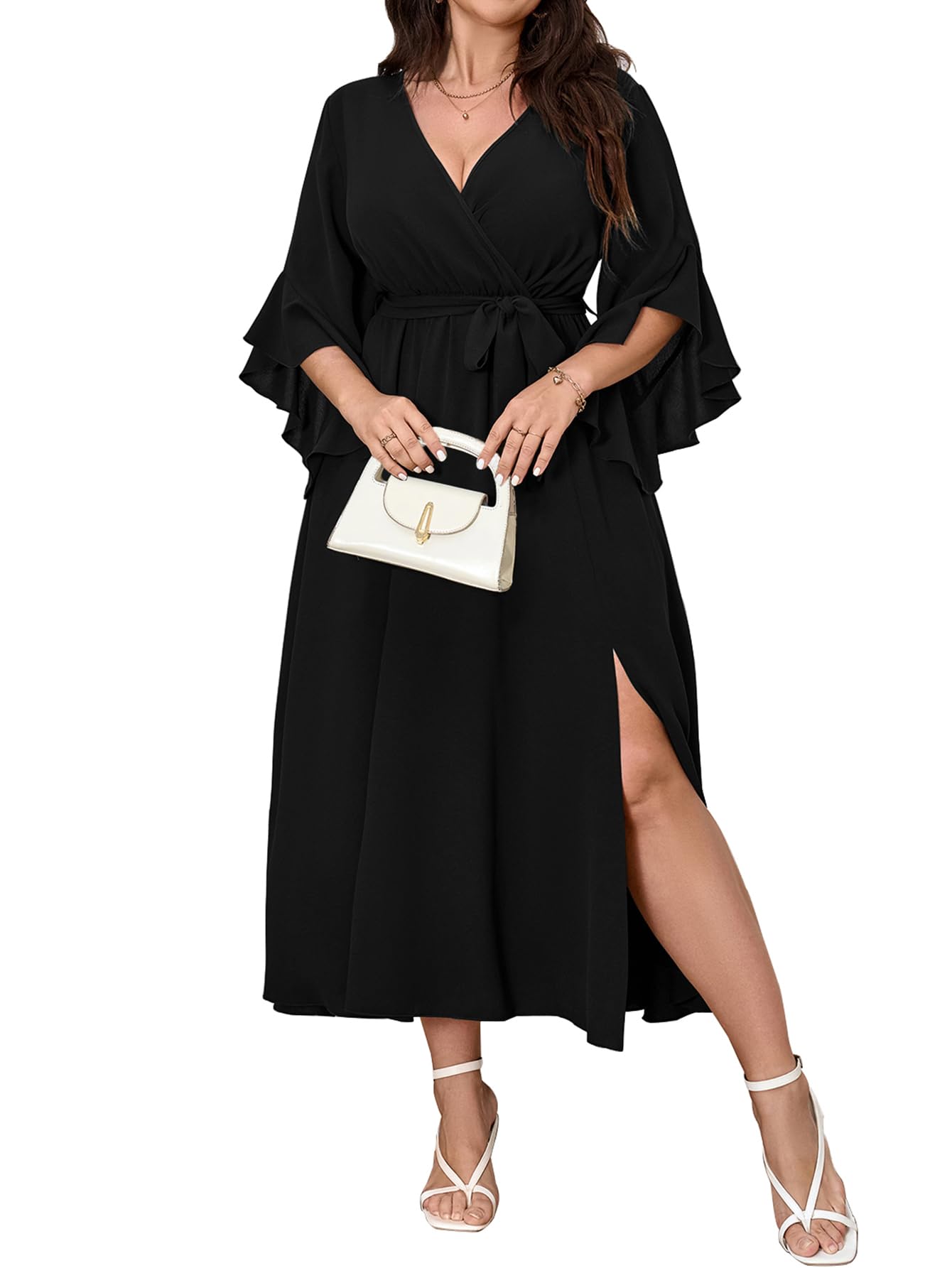 Womens Plus Size Dress Wedding Guest Cocktail Ruffle Half Sleeve Wrap V Neck Slit A Line Maxi Dresses with Belt