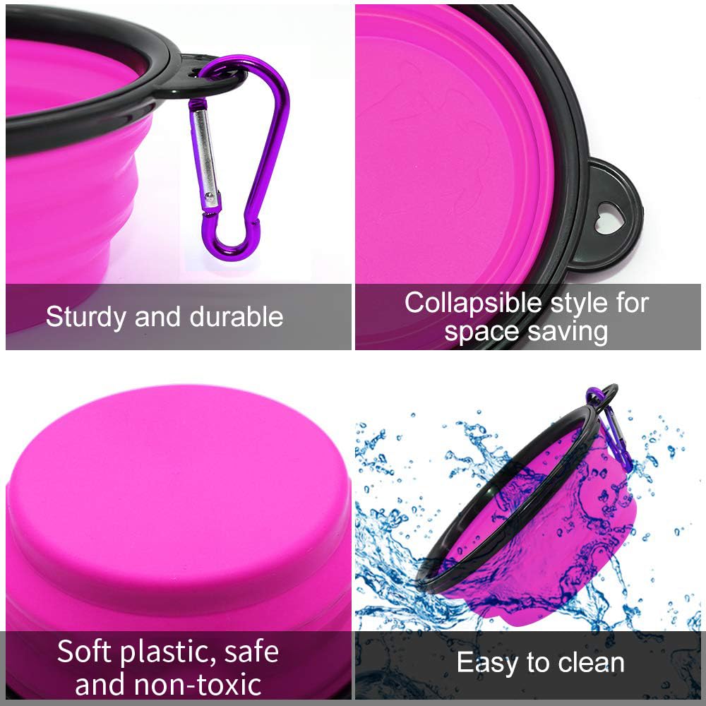 Dog Bowl Pet Collapsible Bowls, 2 Pack Collapsible Dog Water Bowls for Cats Dogs, Portable Pet Feeding Watering Dish for Walking Parking Traveling with 2 Carabiners (Small, Black & Pink)