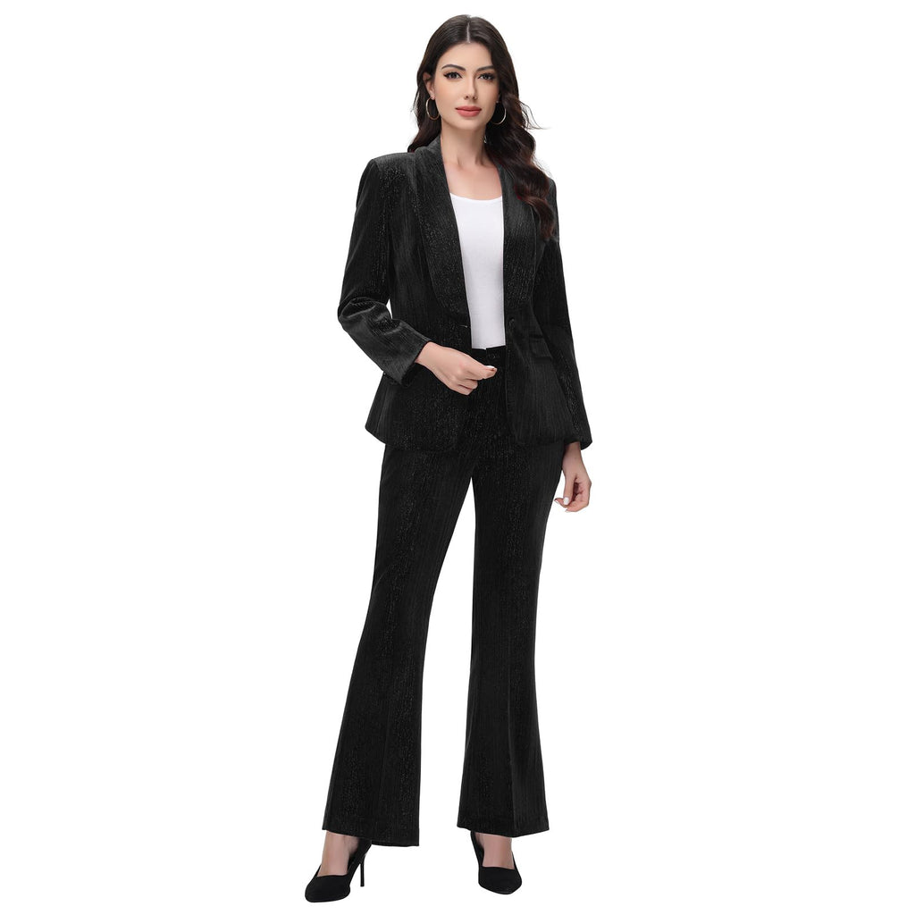 Lamgool Women Pantsuit Dressy Silver Thread Velvet 2 Piece Suit Set Blazer and Flared Pants