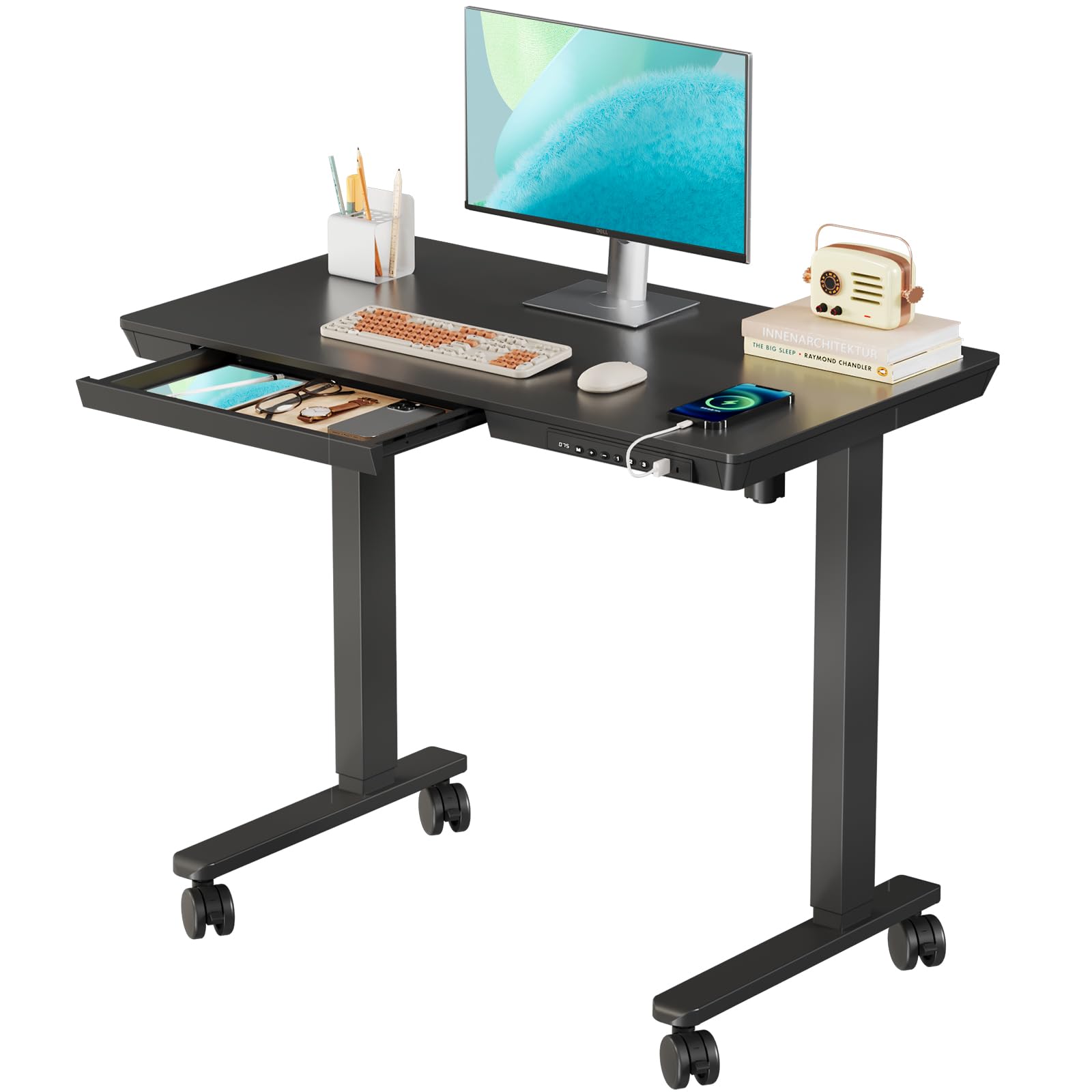 Glass Electric Standing Desk with Drawer, 35" x 20" Whole Piece Tabletop Samll Sit Stand Table, Height Adjustable Workstation with Storage & USB Ports, Quick Install Home Office Desk