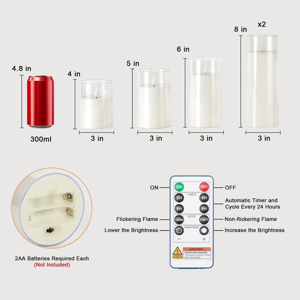 Raycare Flameless Candles Battery Operated with Remote Timer, Acrylic Flickering LED Pillar Candle for Christmas, Wedding, Home Decor, Gift for Family and Friend, White, Set of3