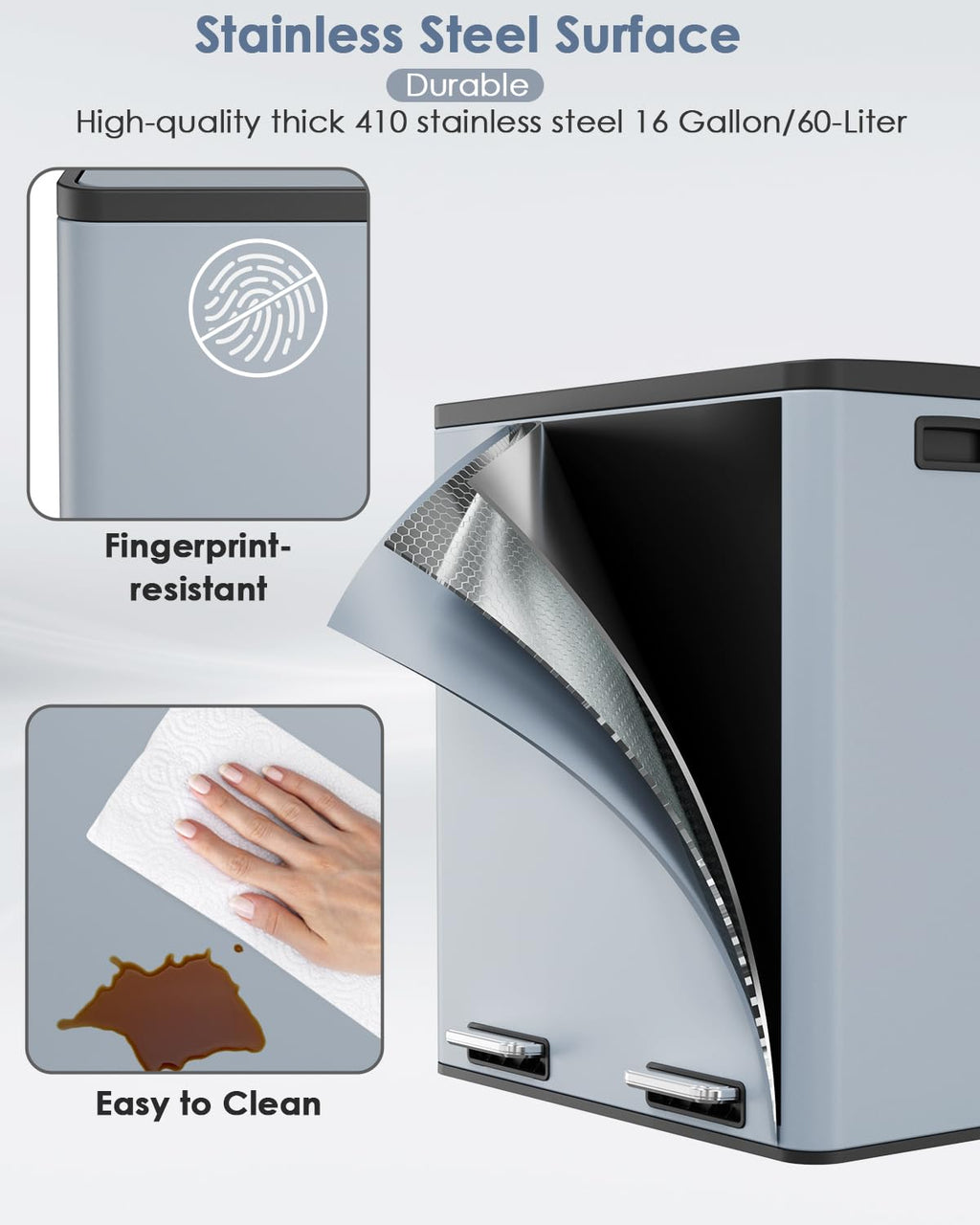 60L(16 Gal) Dual Trash Can, Stainless Steel Kitchen Garbage Can, Double Compartment Classified Rubbish Bin, Recycle Dustbin w/Plastic Inner Buckets, Soft-Close Lid, Airtight, Black