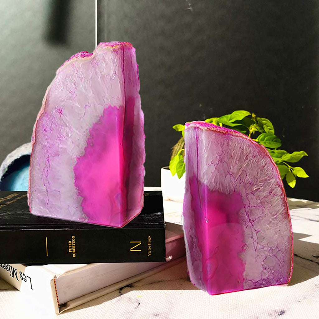 JIC Gem Black Agate Geode Bookends 2-3 Lbs Anti-Slip Rubber Pads Heavy Duty | 1Pair Natural Black Agate Crystal Decor for Shelves & Desk, Unique Small Stone Book Holder Gift for Office & Home Decoration