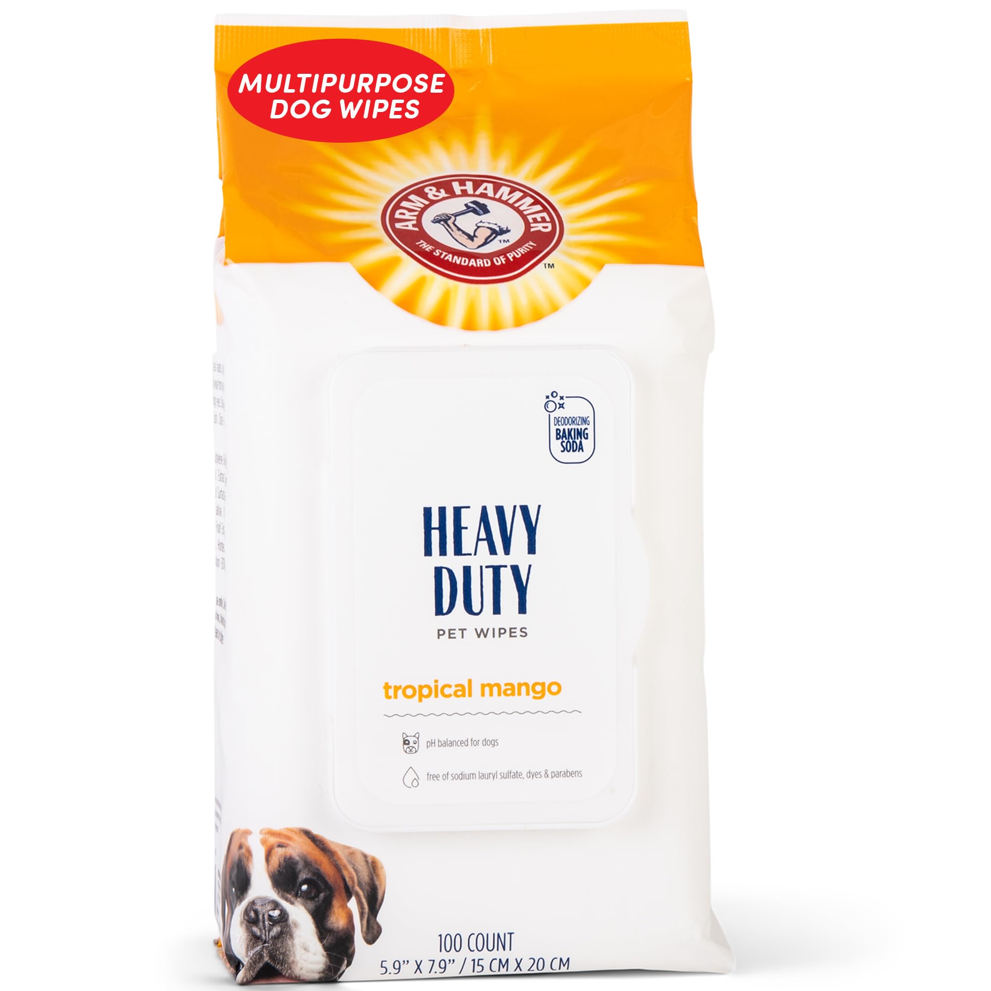 Arm and Hammer for Pets Heavy Duty Multipurpose Dog Bath Wipes, Mango Scent, Travel Size - All Purpose Wipes That Remove Odor and Refresh Dog Coat Between Baths, 30 Count