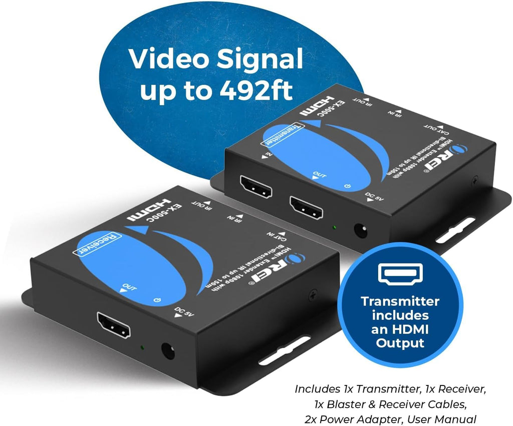 OREI HDMI Extender Over CAT6/CAT7 165ft, 1080p@60Hz HDMI Over Ethernet with Bi-Directional IR, HDMI Loop Out, PoC, Plug-and-Play for TV, Projector, Gaming & AV Setup (EX-165C)