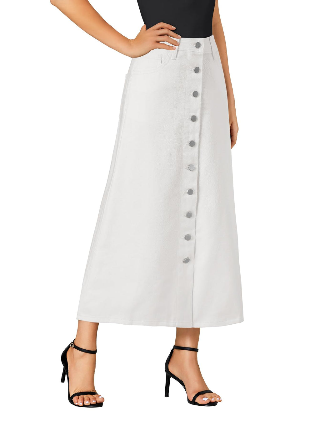 Vrtige Women's Casual Button Down High Waisted A Line Jean Midi Long Denim Skirt with Pockets