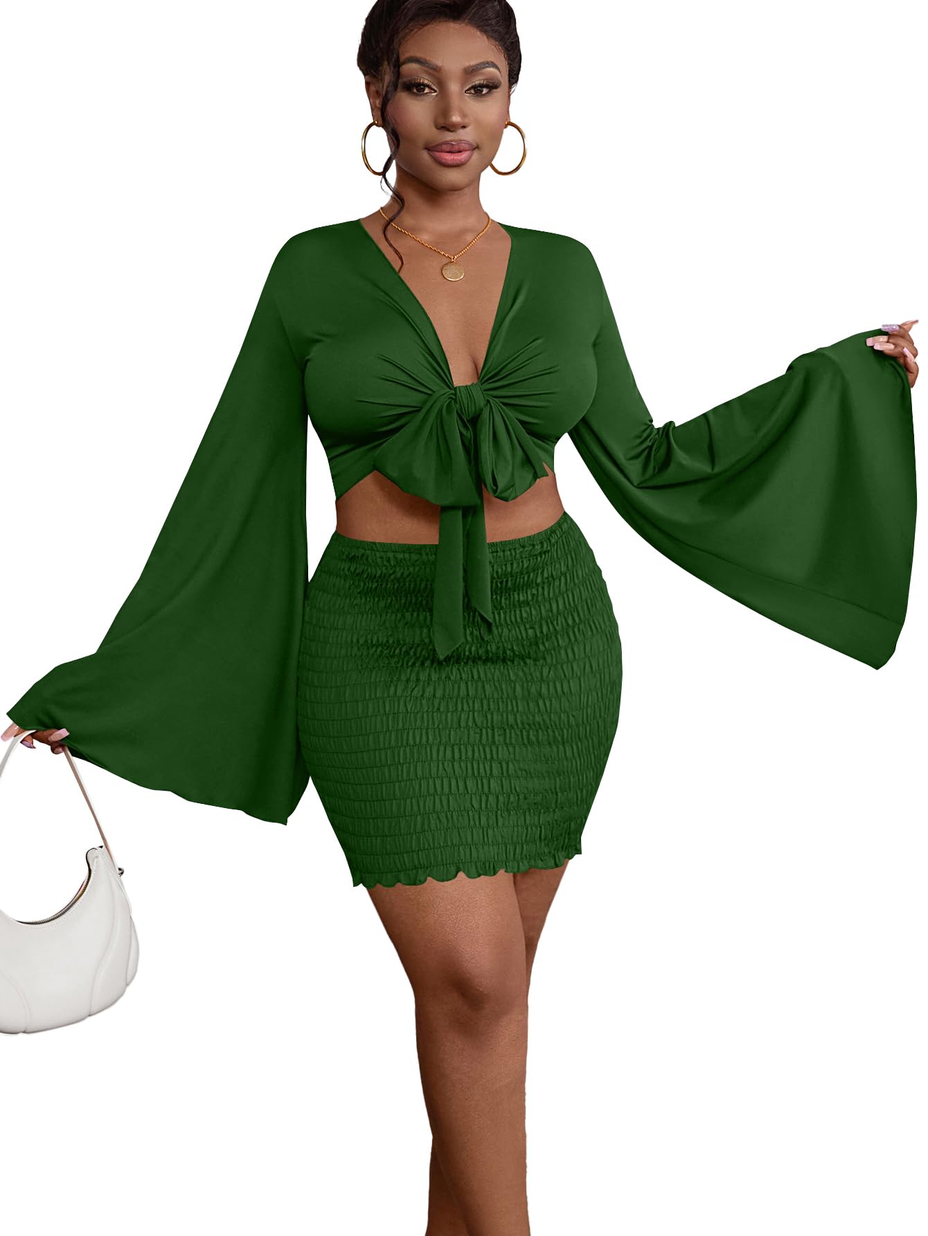 LYANER Women 2 Piece Vacation Outfits Tie Knot Front Bell Long Sleeve Crop Top and Mini Skirt Summer Set