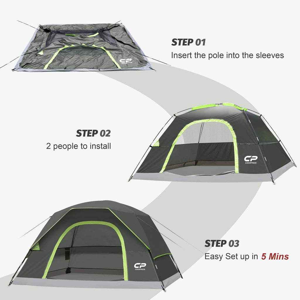 CAMPROS CP Camping Tent 2/4/6 Person, Waterproof Windproof Double Layer Dome Tent, Easy Setup with Large Mesh Windows & Wide Door for Outdoor Camping Backyard