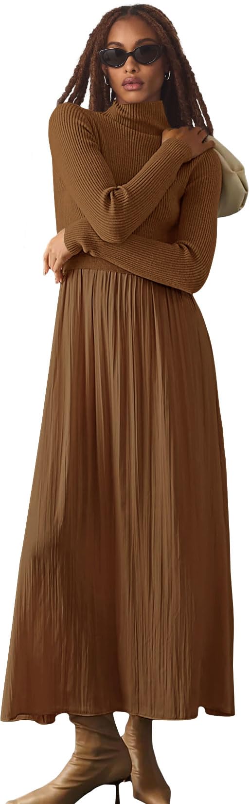 Womens Fall Mock Turtleneck Long Sleeve Ribbed Knit Pullover Tops Fashion Long Maxi Dress