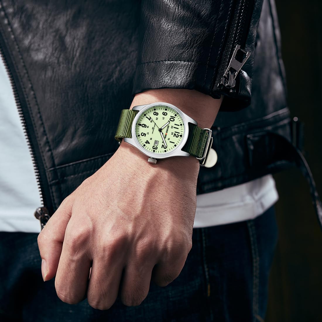 GOLDEN HOUR Men's Nylon Slip-Thru Strap Watch with Military Time Easy Read Dial Glowing Hands
