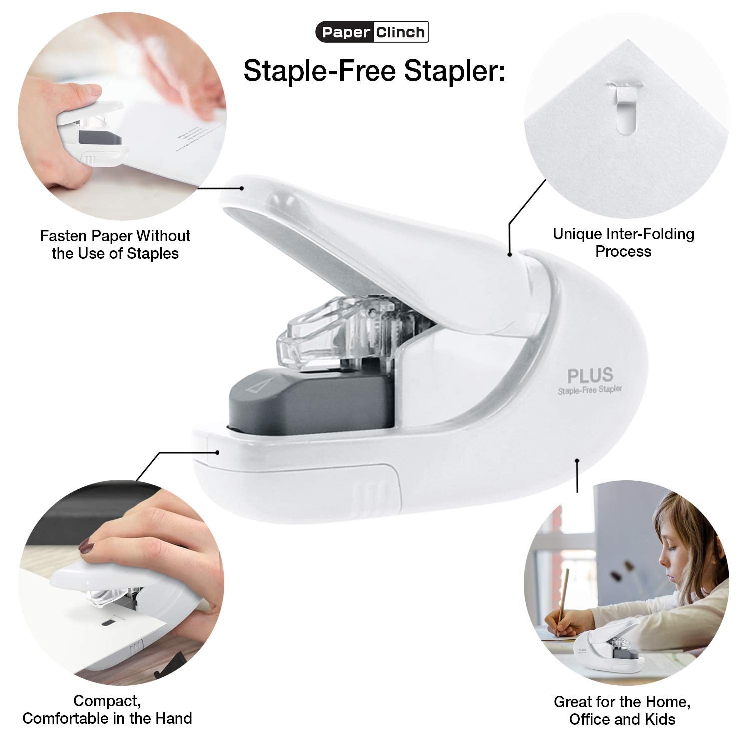 Plus Paper Clinch Compact Staple-Free Stapler, Blue Turquoise