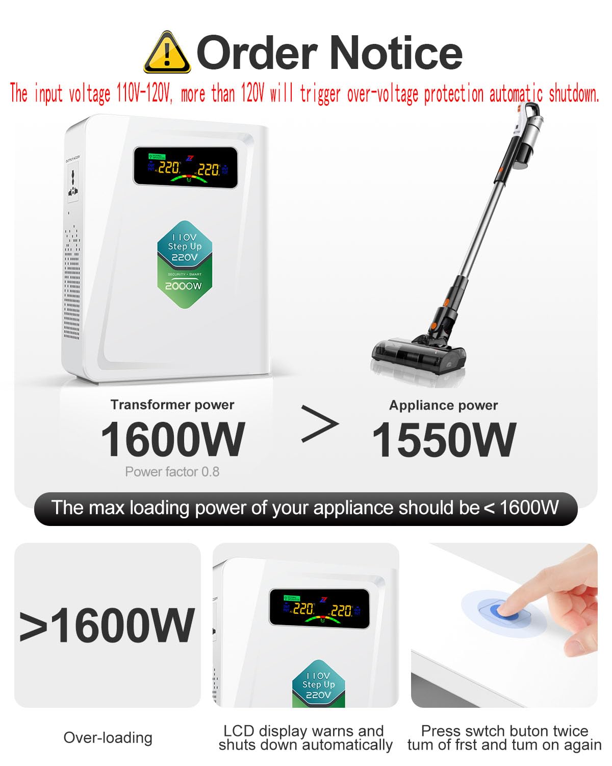 220v to 110v Step Down Transformer 1000W Power Voltage Converters, No Noise, Ten Protection Functions, Suit for Coffee Machines, Rice Cookers and Other US Appliances Used in Europe