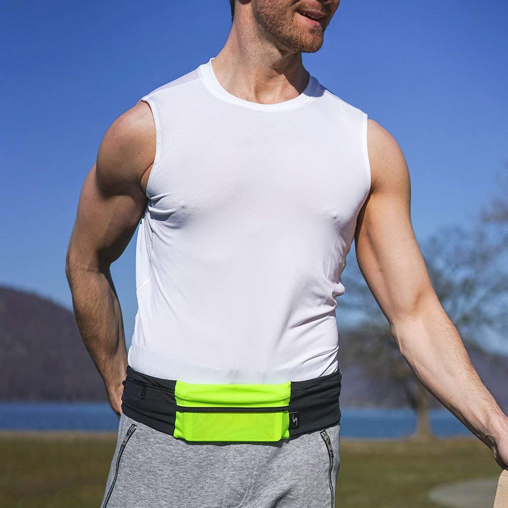 3 Pocket Adjustable Running Belt Waist Pack, Fanny Pack For Working Out With Sweat Resistant Backing, Holds All iPhone Models (Black/Black, X-Small)