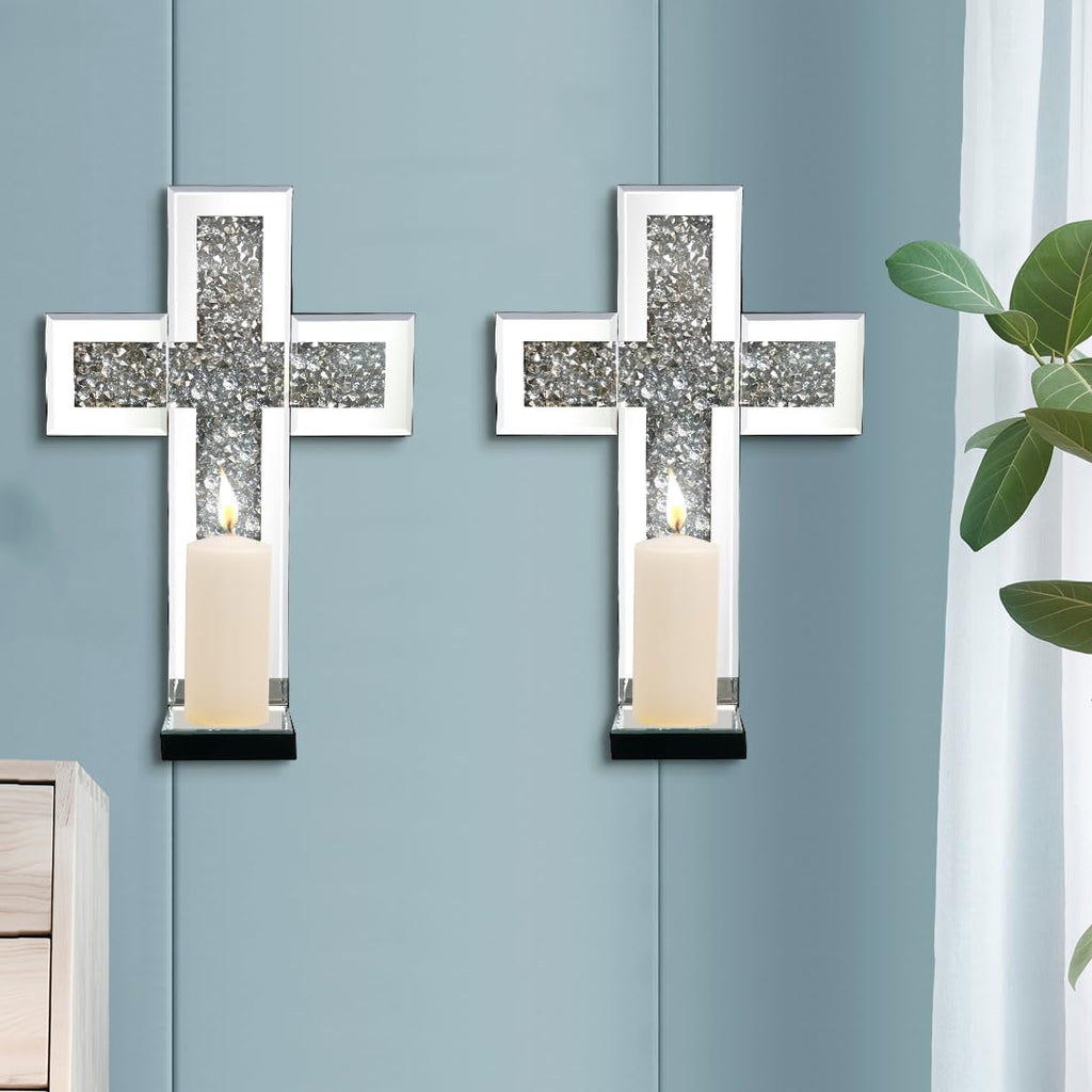 Aeveco Crystal Crush Diamond Mirrored Candle Sconces, Silver Wall Candle Holder Set of 2, Wall Decorations for Living Room，Dining Room (Rectangle (Style 4))