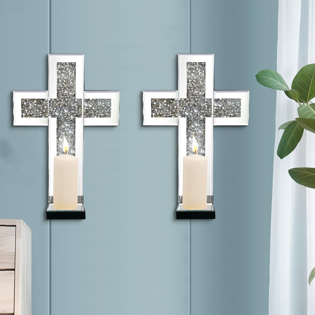 Aeveco Crystal Crush Diamond Mirrored Candle Sconces, Silver Wall Candle Holder Set of 2, Wall Decorations for Living Room，Dining Room (Rectangle (Style 4))
