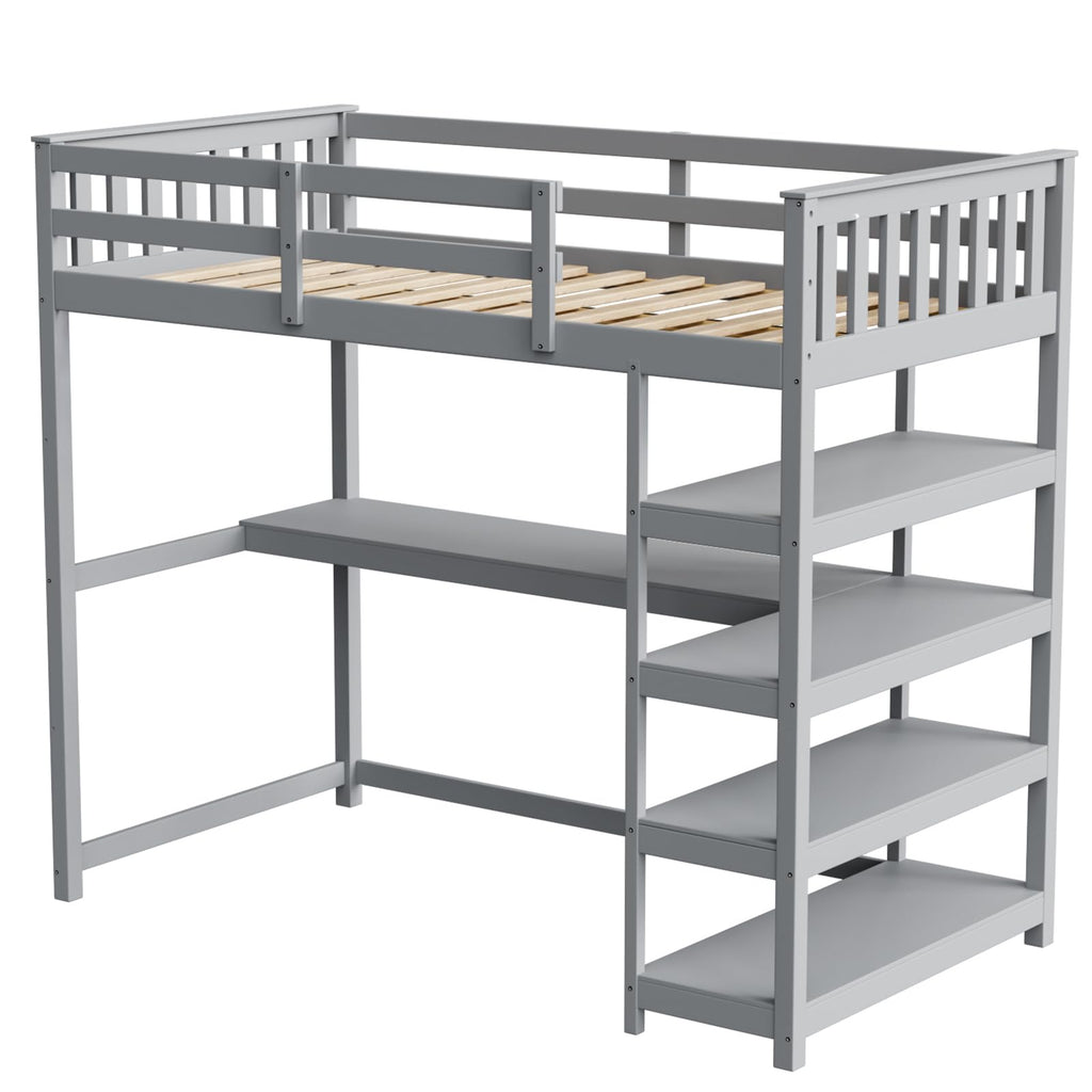 JOYMOR Low Loft Bed Twin Size with LED Lights, 4 Storage Shelves, Removable Curtain, Kids Wood Loft Bed with 15" H Safety Guardrail, Spave Saving, Mattress Not Included (Gray)