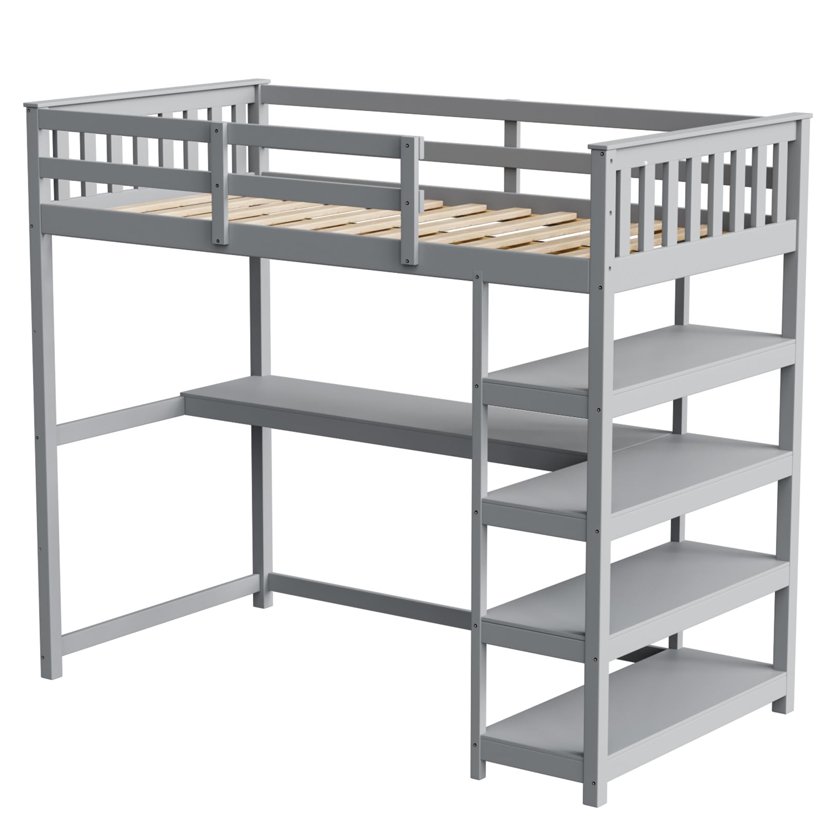 JOYMOR Low Loft Bed Twin Size with LED Lights, 4 Storage Shelves, Removable Curtain, Kids Wood Loft Bed with 15" H Safety Guardrail, Spave Saving, Mattress Not Included (Gray)