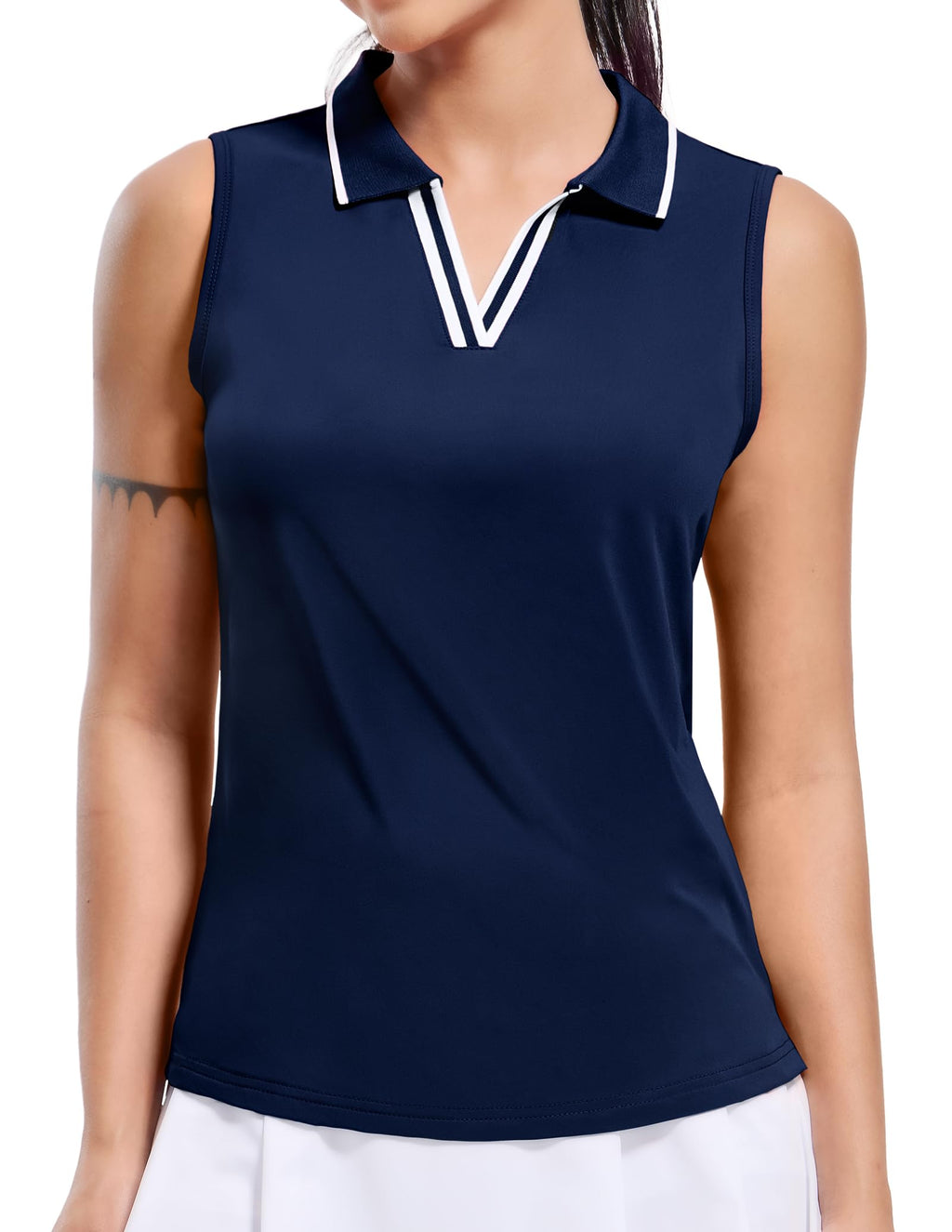 MIER Women's Sleeveless Golf Polo Shirts Dry Fit Collared Tank Tops V Neck Ribbed Athletic Tennis Shirt, Moisture Wicking