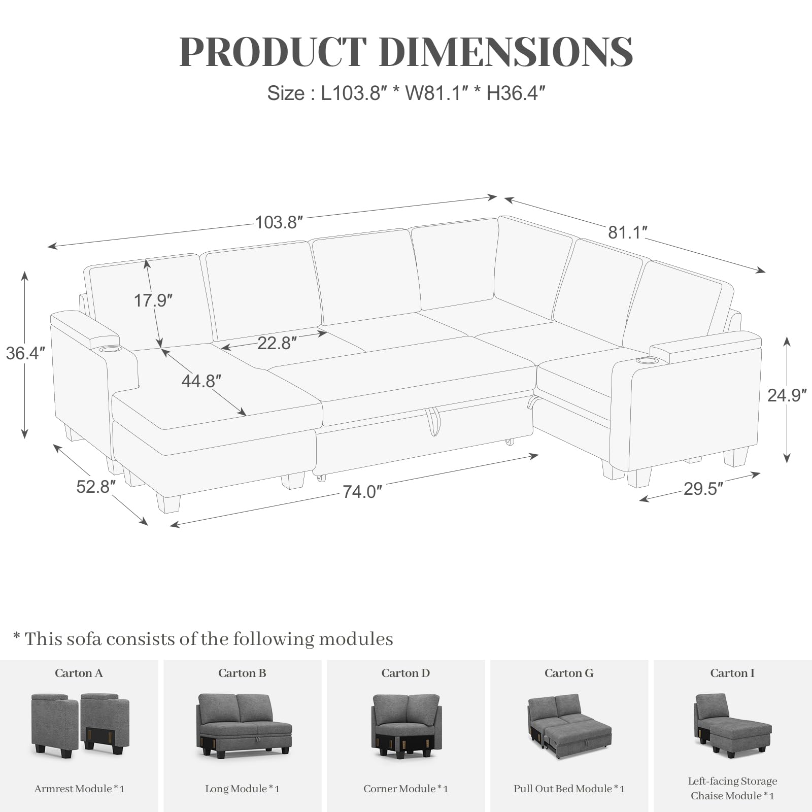 Belffin Modular Sectional Sleeper Sofa Bed with Storage Chaise L Shaped Sectional Couches for Living Room Armrest with Cup Holder. White Couch