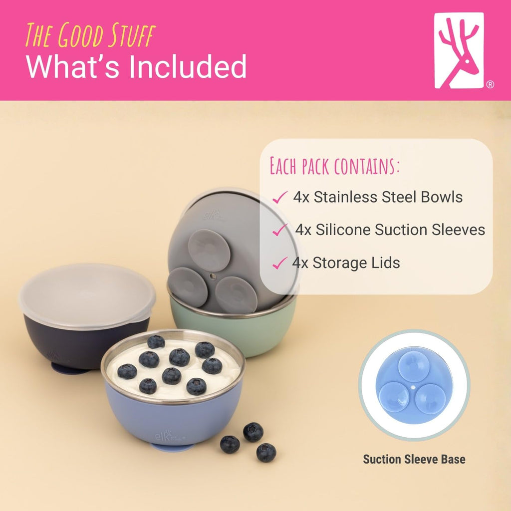 Elk and Friends Stainless Steel Bowls + Silicone Sleeve and Storage Lid | Baby, Toddler, Kids | Cereal & Snack Bowls | Storage Containers | Dishwasher Safe | 4 Pack