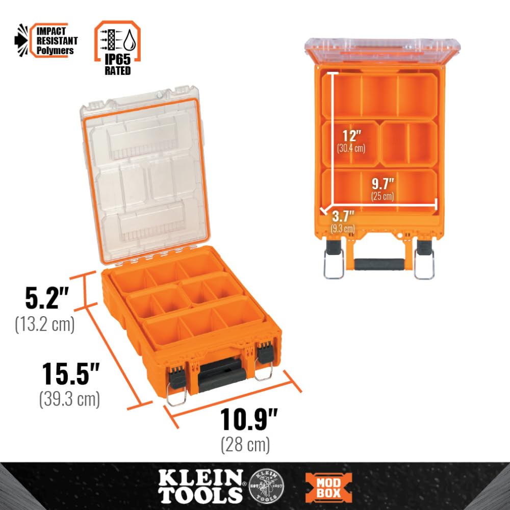 Klein Tools 54806MB MODbox Tall Compartment Box, Full-Width Tool Organizer, Small Parts Tool Box with 20 Compartments, 8 Removable Bins for Fasteners, Stackable Module