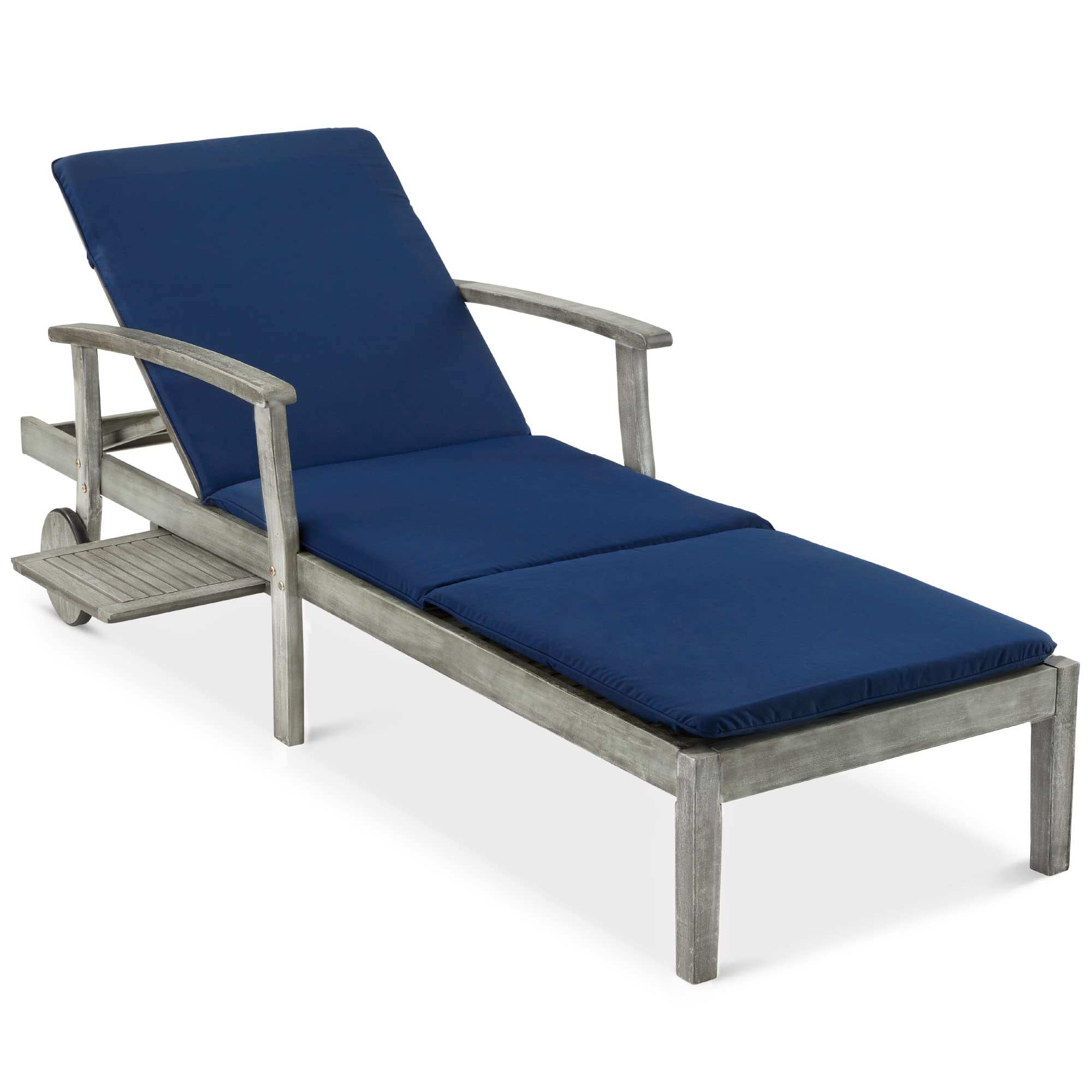 Best Choice Products 79x26in Acacia Wood Chaise Lounge Chair Recliner, Outdoor Furniture for Patio, Poolside w/Slide-Out Side Table, Foam-Padded Cushion, Adjustable Backrest, Wheels - Gray/Cream