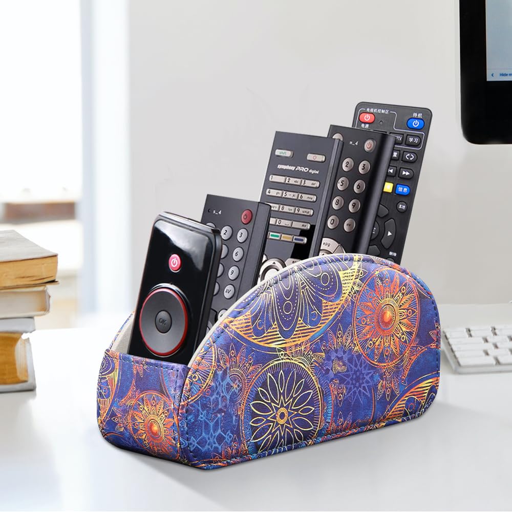 YAPISHI All-in-One Leather Brown TV Remote Holder with 5 Compartments Nightstand Desktop Media Player Remote Caddy Storage Box Organizer Tray for Mobile Office Phone Controller