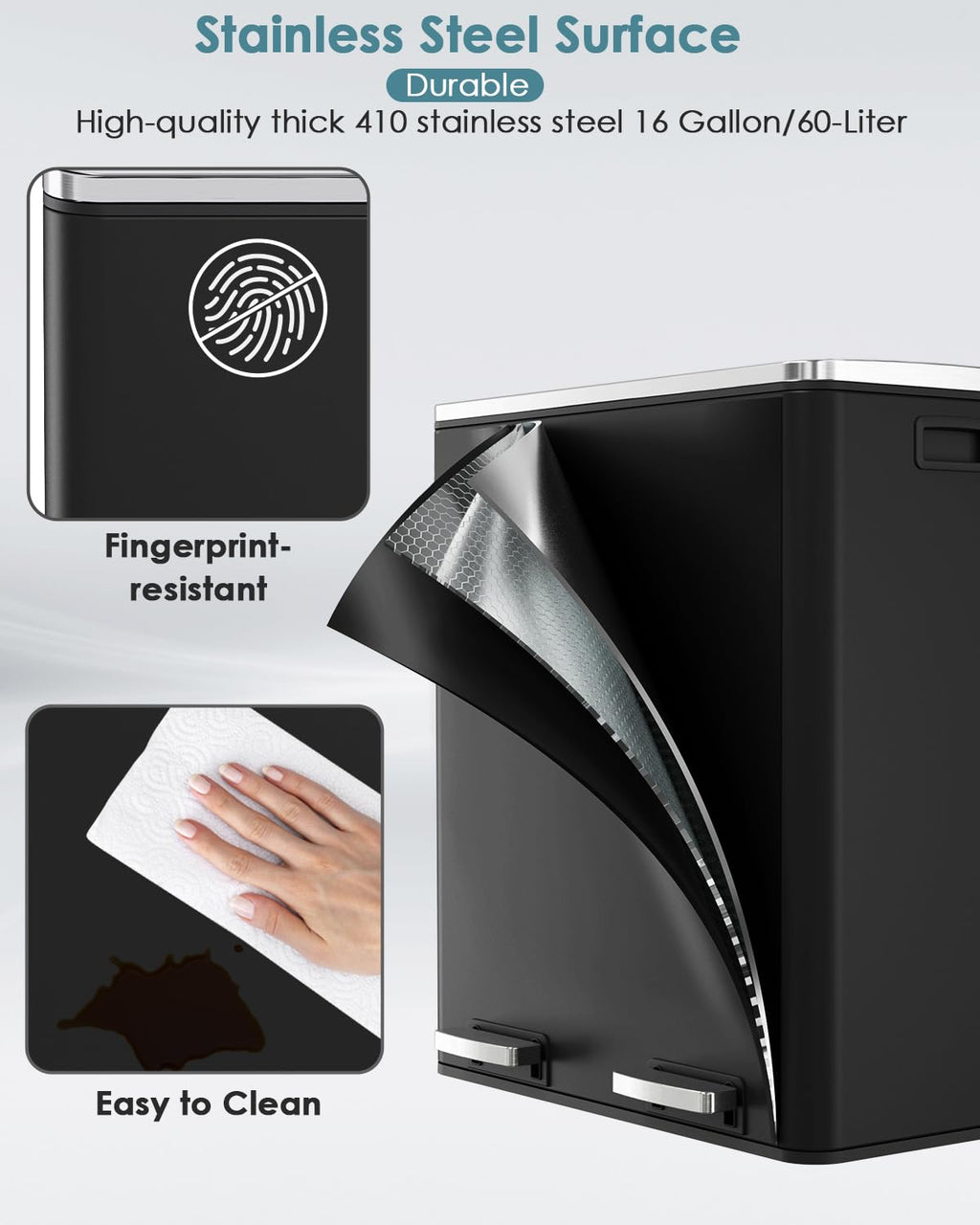 60L(16 Gal) Dual Trash Can, Stainless Steel Kitchen Garbage Can, Double Compartment Classified Rubbish Bin, Recycle Dustbin w/Plastic Inner Buckets, Soft-Close Lid, Airtight, Black