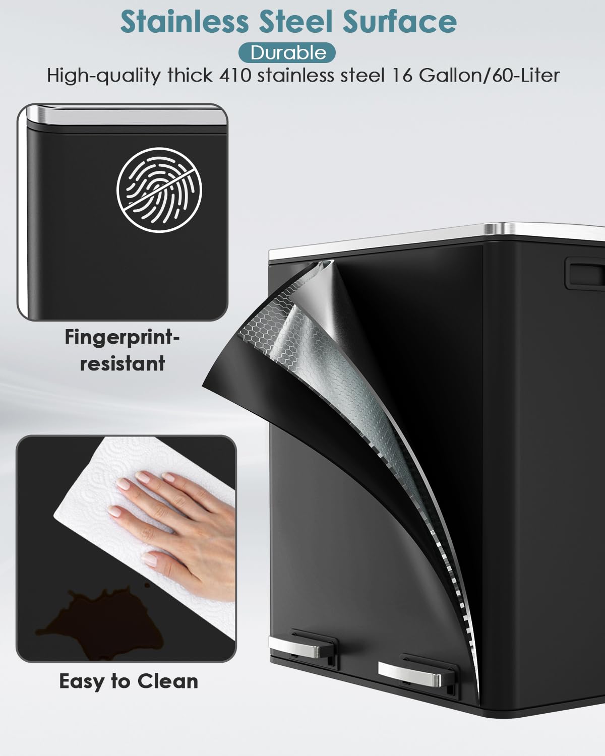 60L(16 Gal) Dual Trash Can, Stainless Steel Kitchen Garbage Can, Double Compartment Classified Rubbish Bin, Recycle Dustbin w/Plastic Inner Buckets, Soft-Close Lid, Airtight, Black