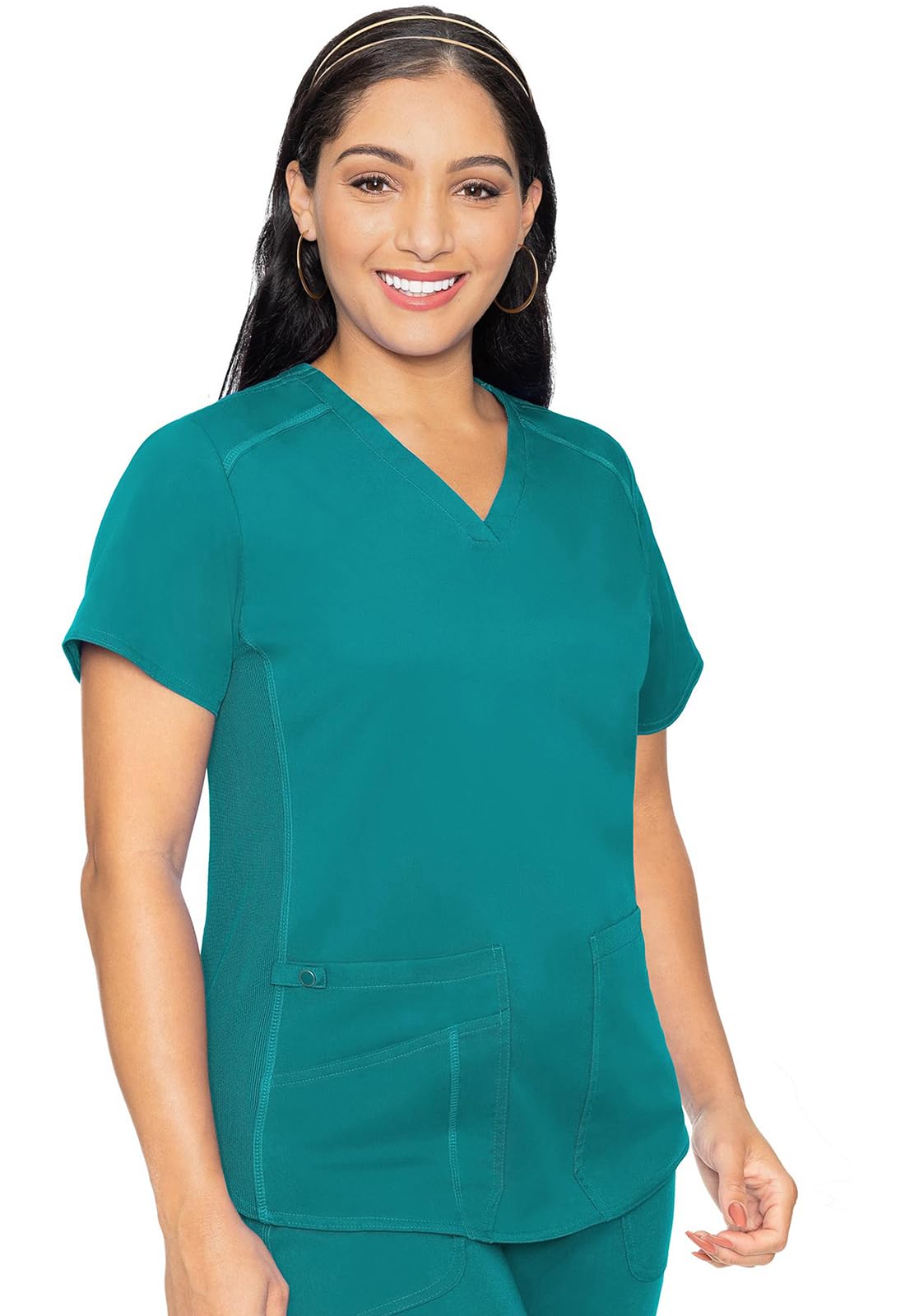 Med Couture V-Neck Scrub Top for Women with 4 Pockets, Rib-Knit Side Panel, and Shirttail Hem MC7459