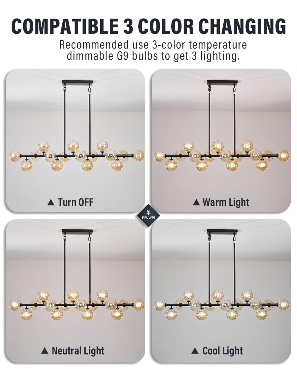 Modern Linear Chandeliers for Dining Room, 8-Light Globe Sputnik Pendant Ceiling Light, Black Dining Room Light Fixture Over Table, Mid Century Glass Milk White Bubble, 31.5 Inch, GC-09