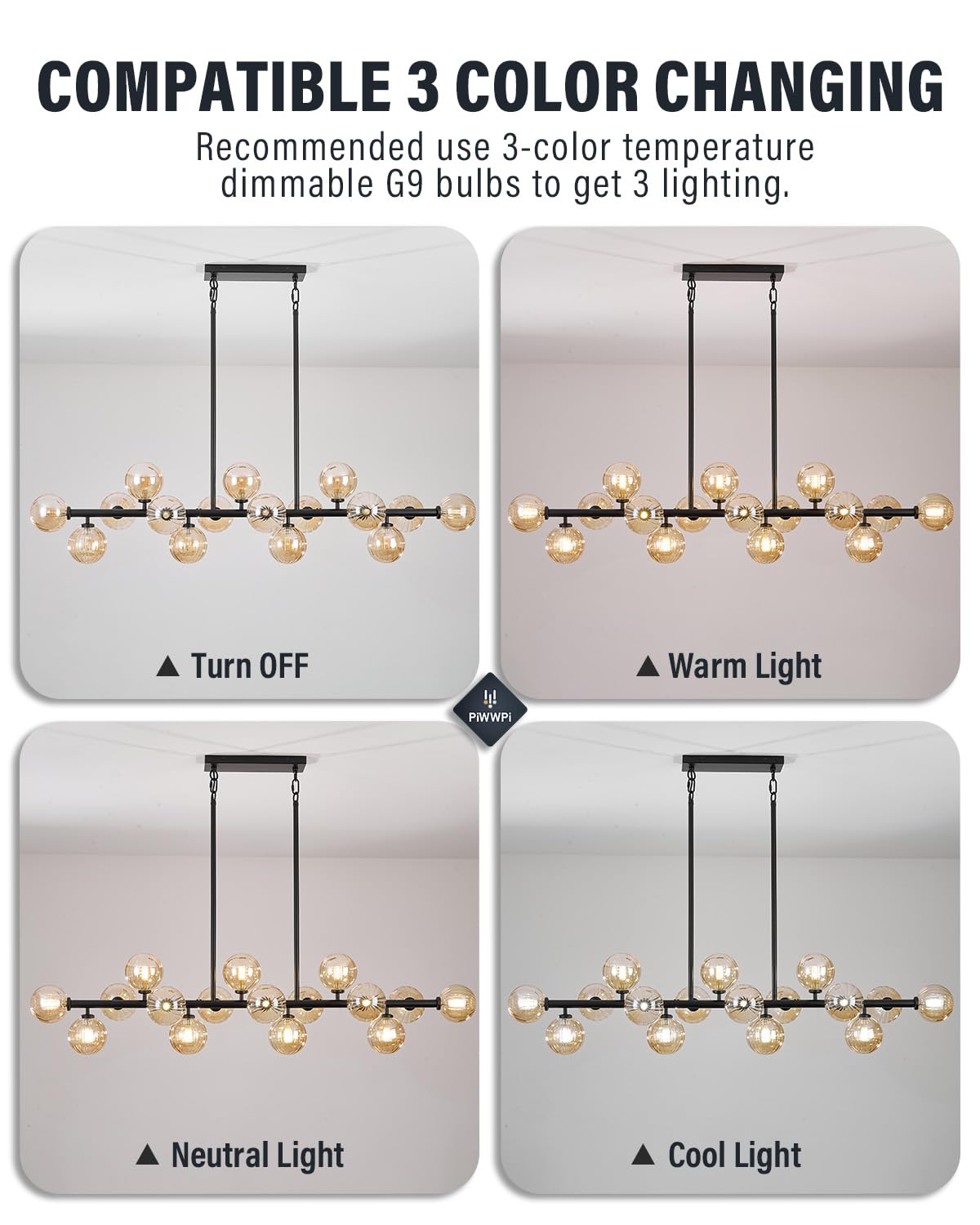 Modern Linear Chandeliers for Dining Room, 8-Light Globe Sputnik Pendant Ceiling Light, Black Dining Room Light Fixture Over Table, Mid Century Glass Milk White Bubble, 31.5 Inch, GC-09