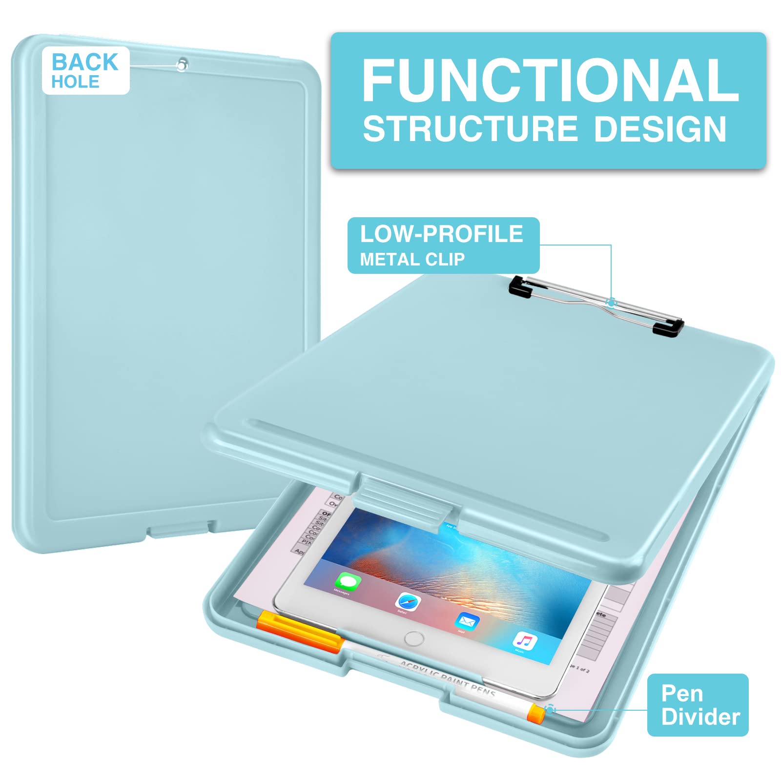 Sooez Clipboard with Storage, Plastic Storage Clipboards with Low Profile Clip, Nursing Clip Boards Foldable, Hanging Clipboard Case for Work, Teacher, Classroom Must Haves, Office School Supplies
