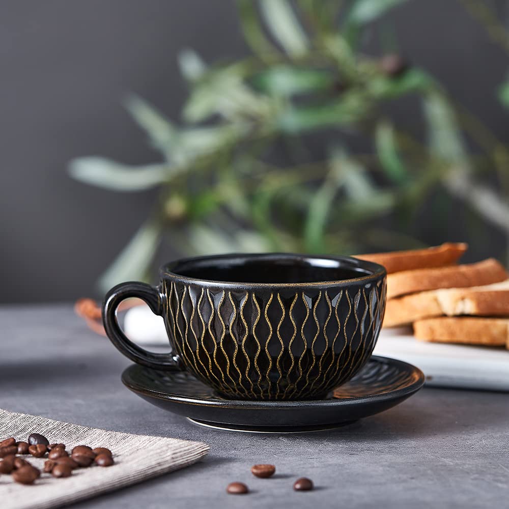 Coffeezone Vintage Design 12 oz Ceramic Latte Art Cappuccino Barista Cup with Saucer (Beige)