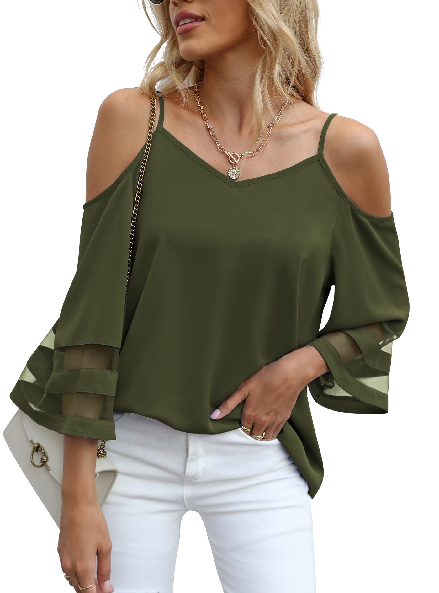 Jouica Womens Summer Cold Shoulder Tops Mesh Panel 3/4 Bell Sleeve Tees Adjustable Spaghetti Strap Loose Fit Shirts